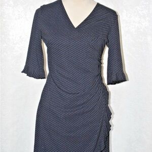 Express Navy Blue Pinstripe Faux Wrap Dress Ruffle Trim V-Neck